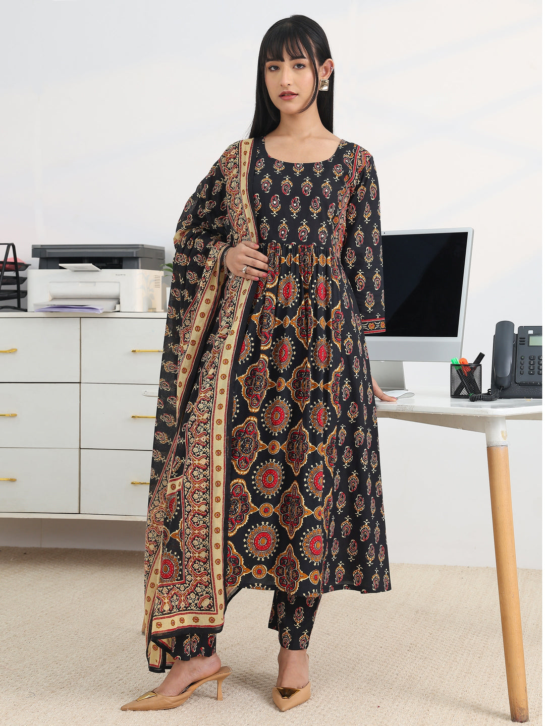 Black Printed Cotton Blend A-Line Suit Set With Dupatta