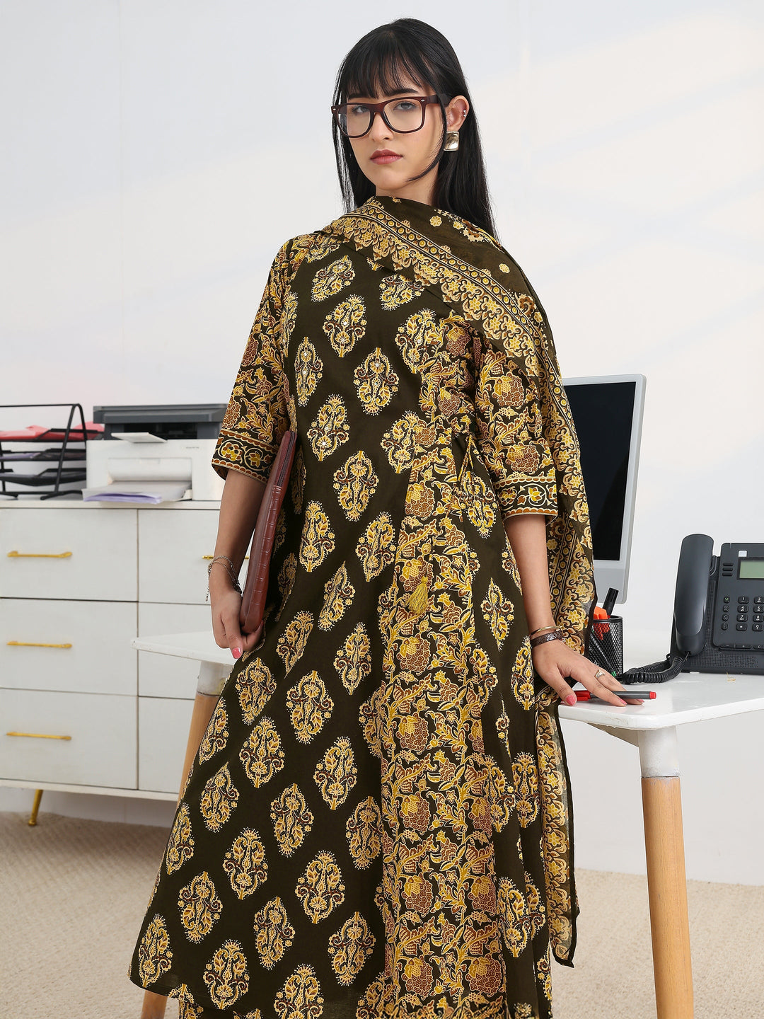 Black Printed Cotton Blend A-Line Suit Set With Dupatta