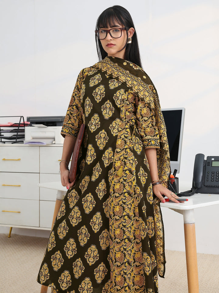 Black Printed Cotton Blend A-Line Suit Set With Dupatta