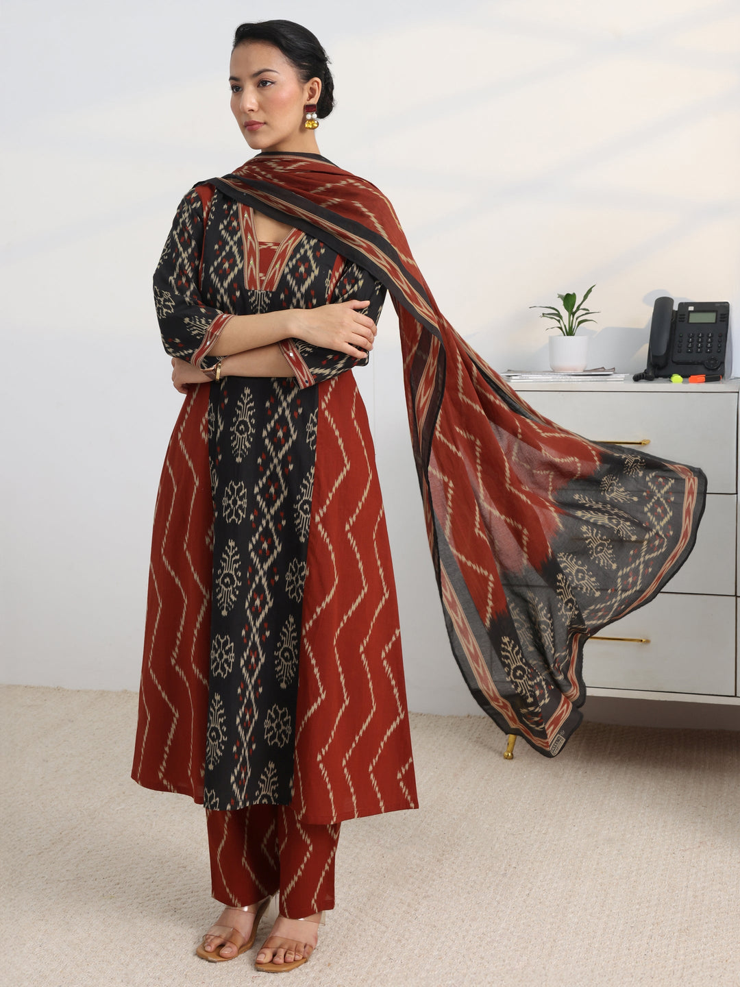 Black Printed Cotton Blend A-Line Suit Set With Dupatta
