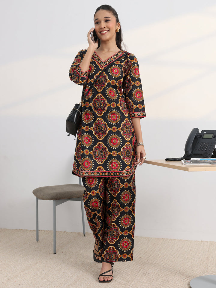 Black Printed Cotton Blend Straight Kurta Set