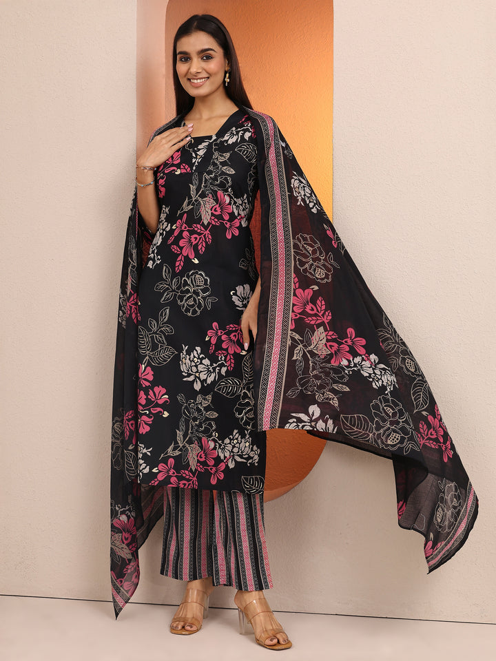 Black Printed cotton blend Straight Suit Set With Dupatta