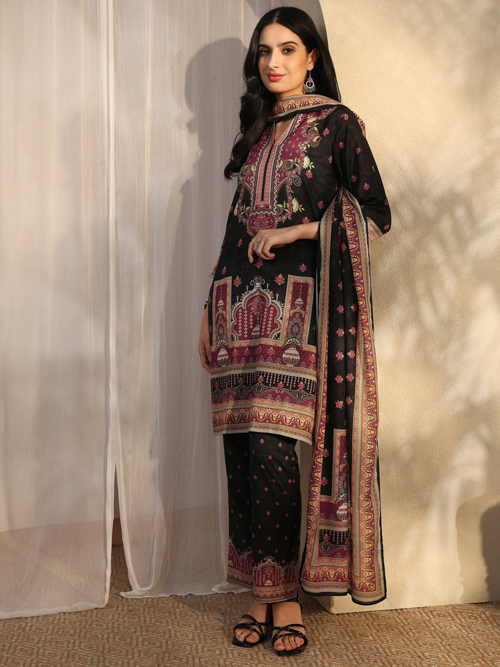 Black Printed Cotton Blend Straight Suit Set With Dupatta