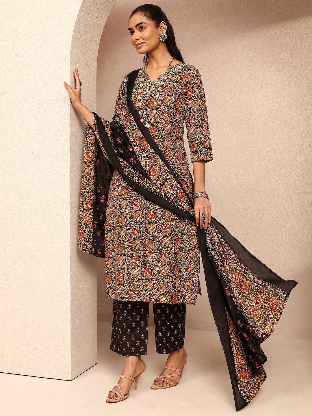 Black Printed Cotton Blend Straight Suit Set With Dupatta