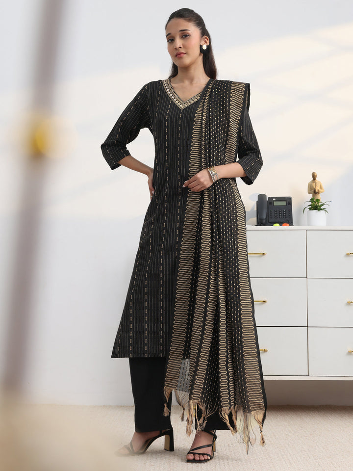 Black Printed Cotton Blend Straight Suit Set With Dupatta