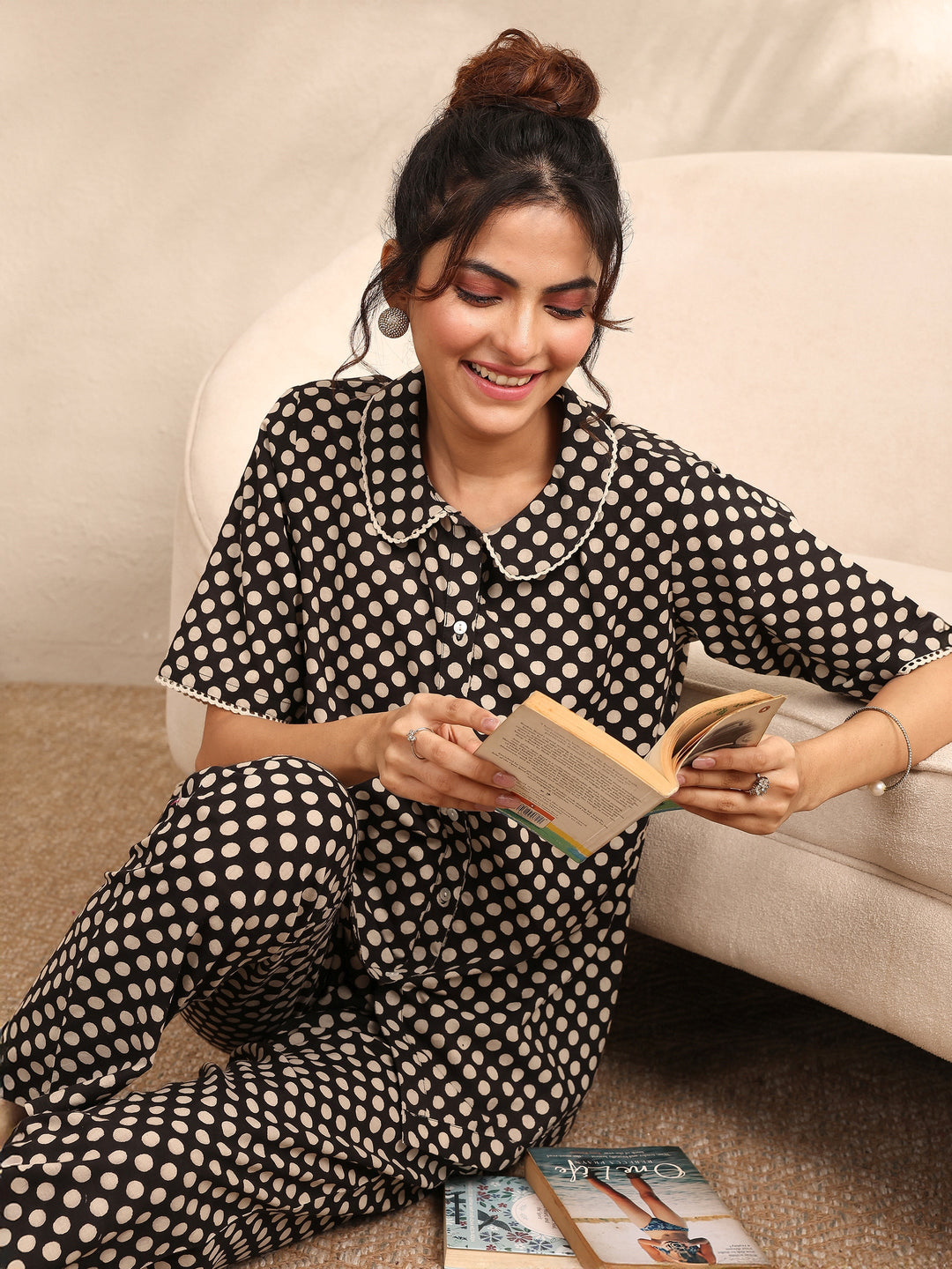 Black Printed Cotton Night Suit
