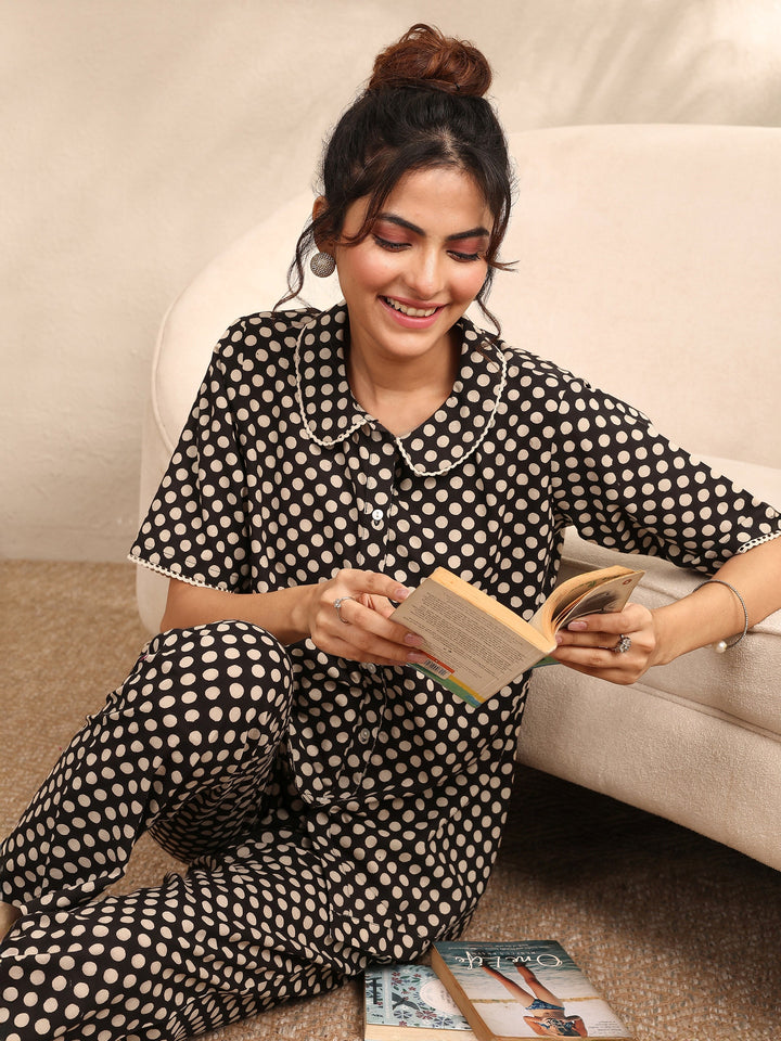 Black Printed Cotton Night Suit