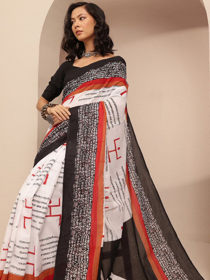 Black Printed Cotton Saree With Unstitched Blouse Piece