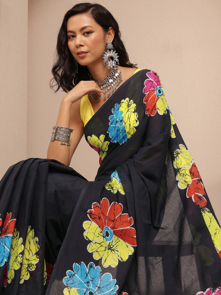 Black Printed Cotton Saree With Unstitched Blouse Piece