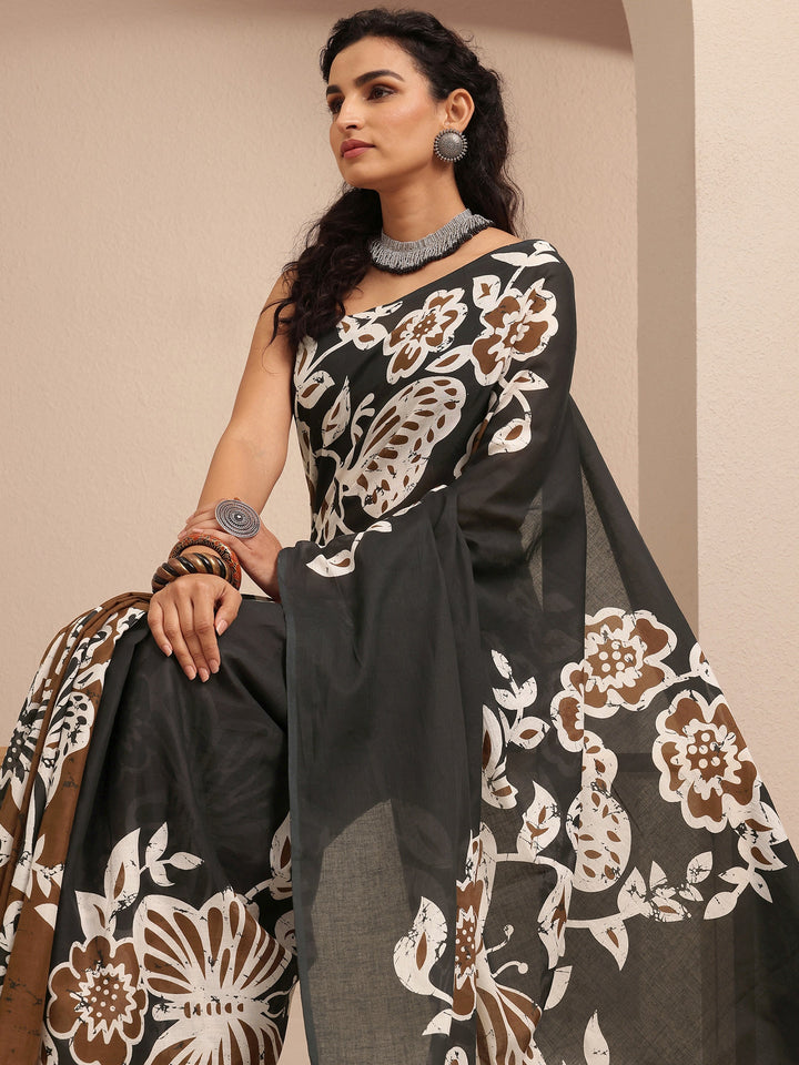 Black Printed Cotton Saree With Unstitched Blouse Piece