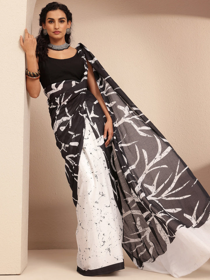 Black Printed Cotton Saree With Unstitched Blouse Piece