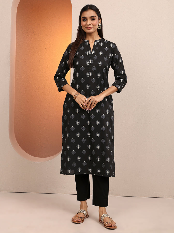 Black Printed Cotton Straight Kurta