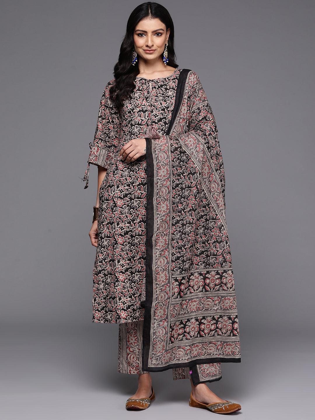 Black Printed Cotton Straight Kurta With Trousers & Dupatta - ShopLibas 