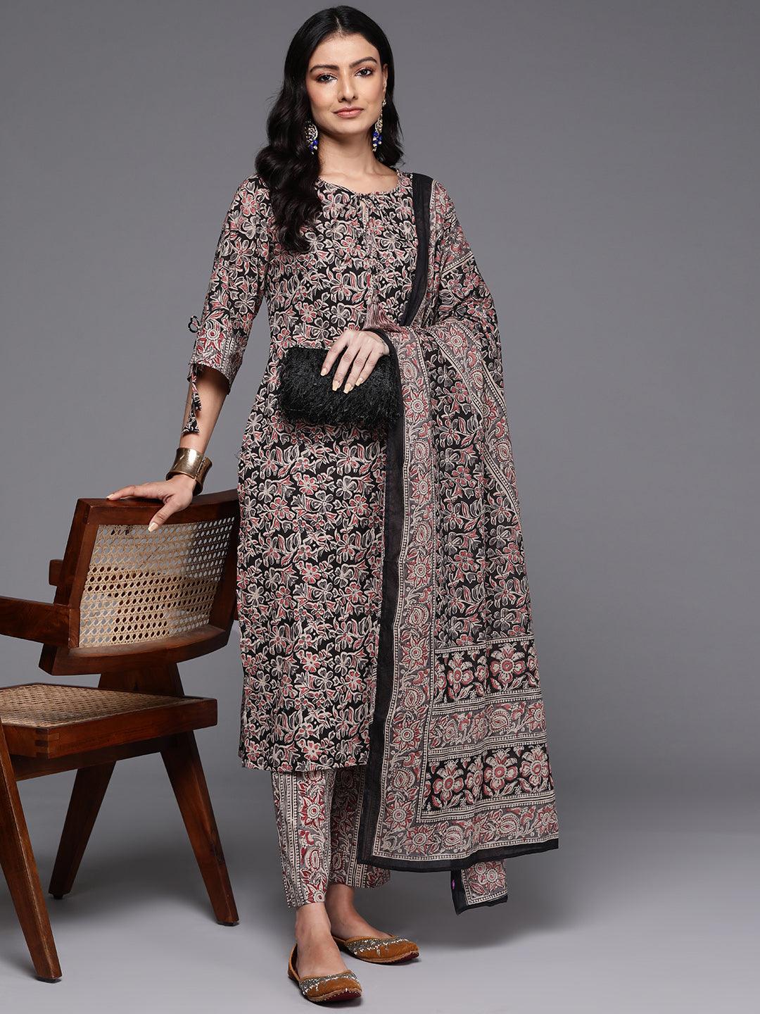 Black Printed Cotton Straight Kurta With Trousers & Dupatta - ShopLibas 