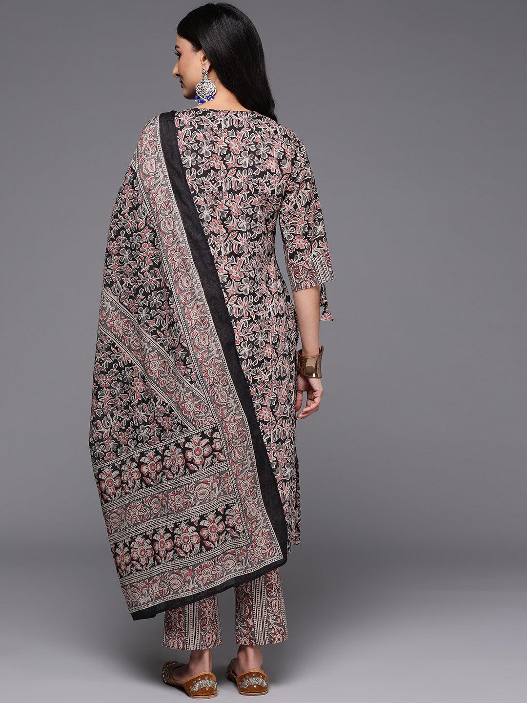 Black Printed Cotton Straight Kurta With Trousers & Dupatta - ShopLibas 