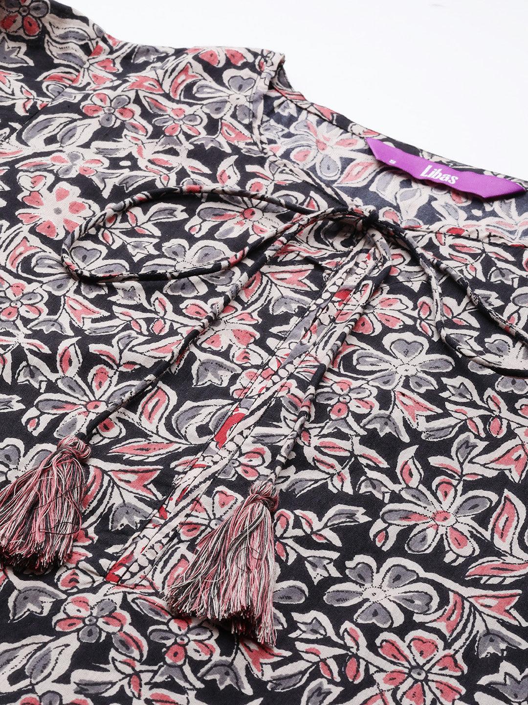 Black Printed Cotton Straight Kurta With Trousers & Dupatta - ShopLibas 