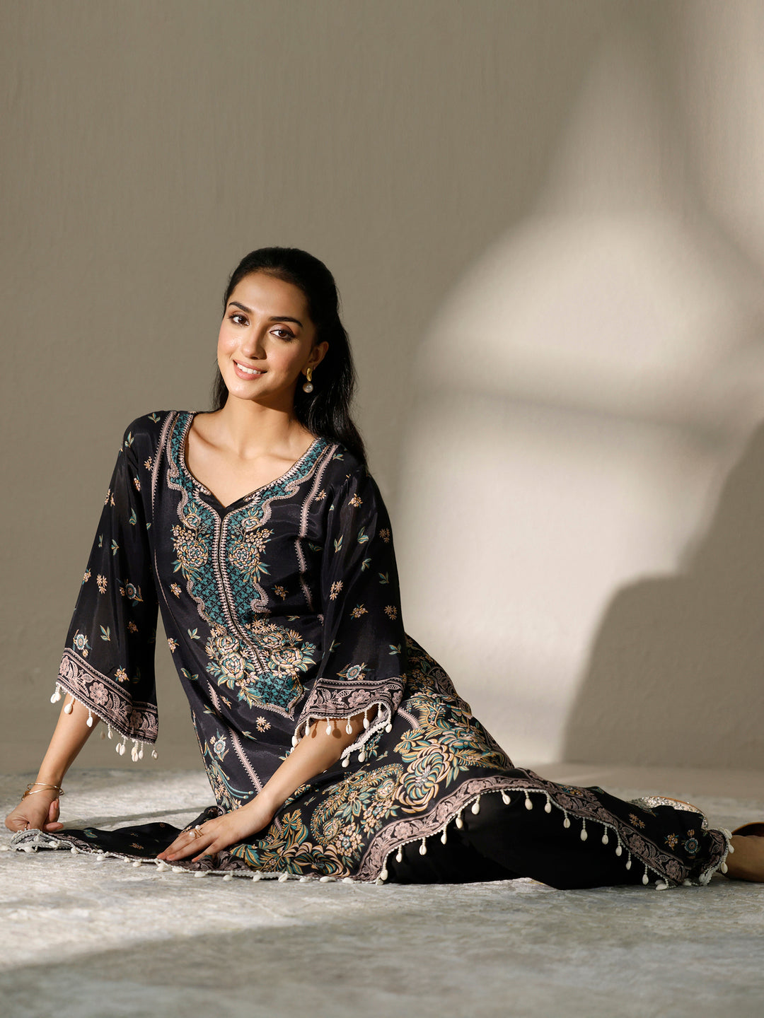 Black Printed Muslin Straight Kurta Set