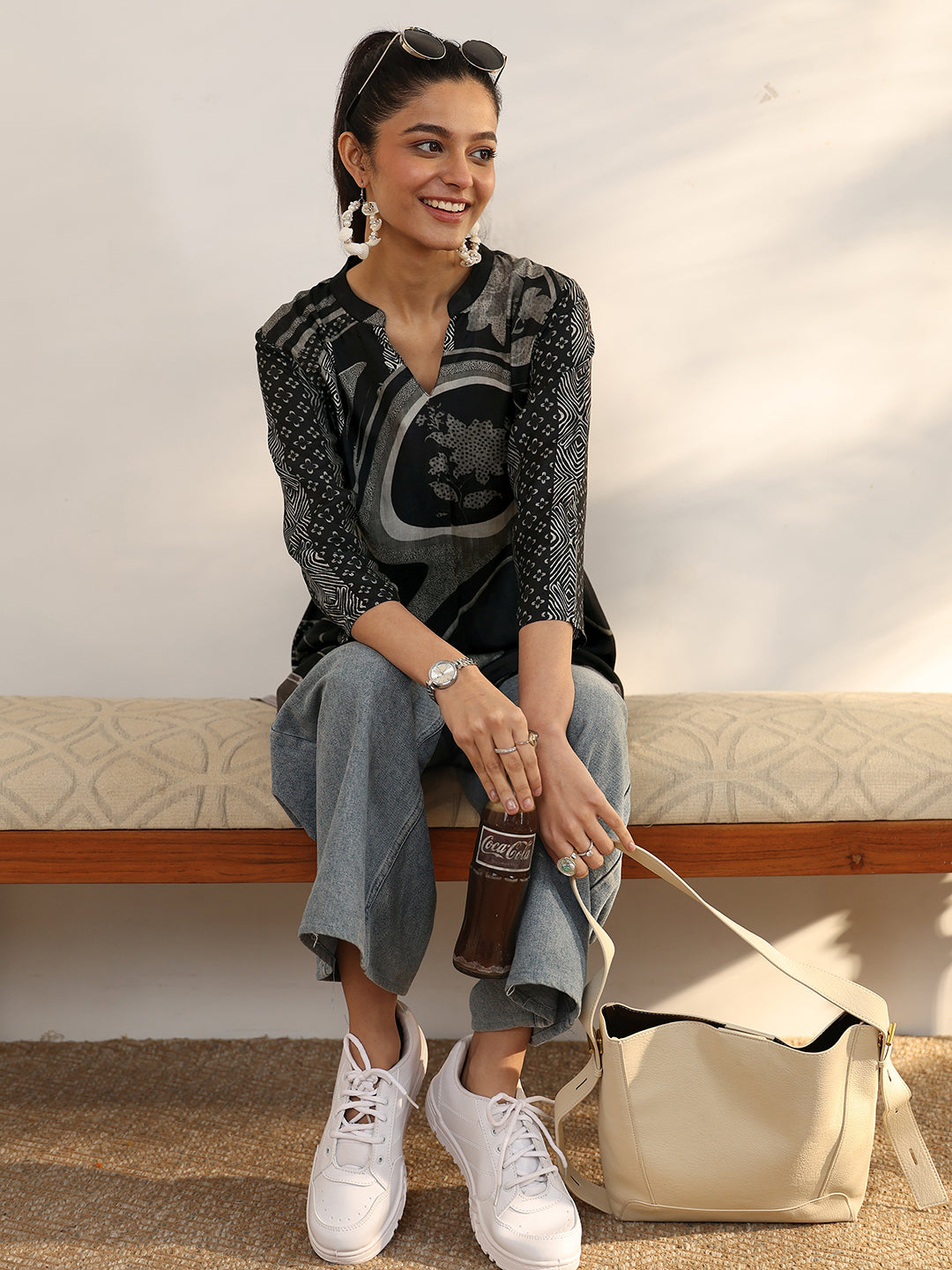 Black Printed Muslin Straight Short Kurti