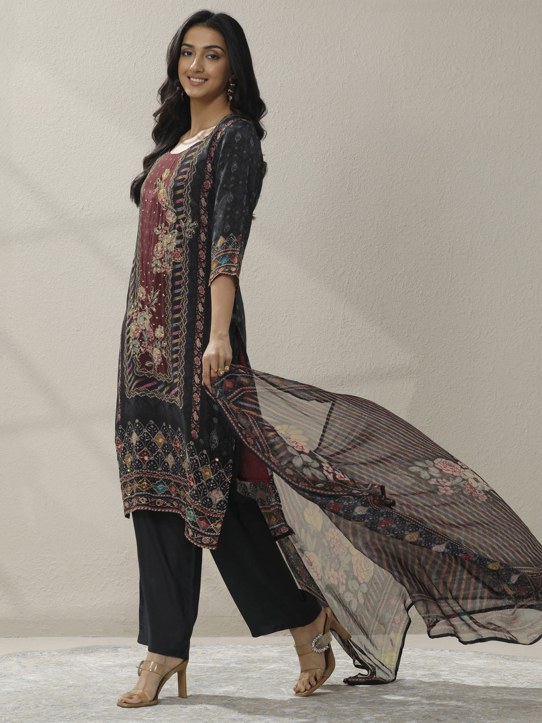 Black Printed Muslin Straight Suit Set With Dupatta