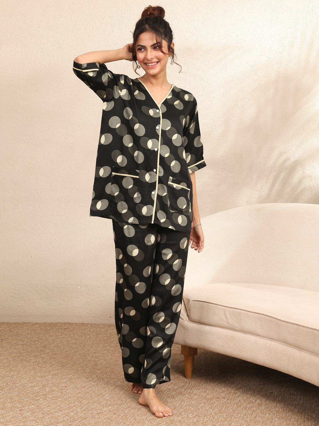 Black Printed Silk Blend Night Suit
