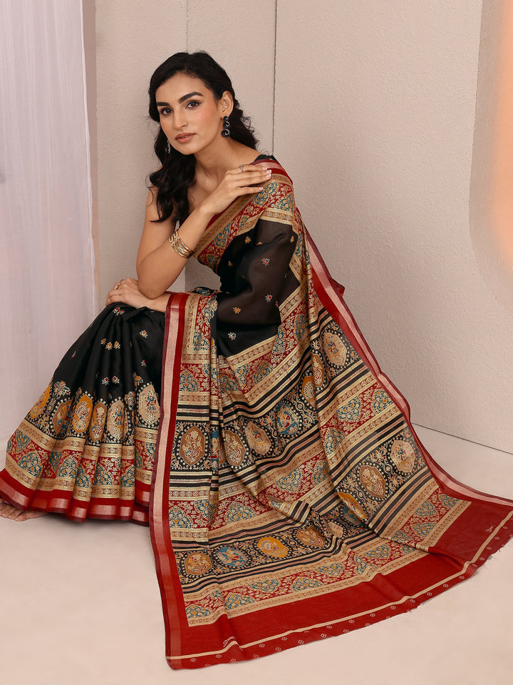 Black Printed Silk Blend Saree With Unstitched Blouse Piece