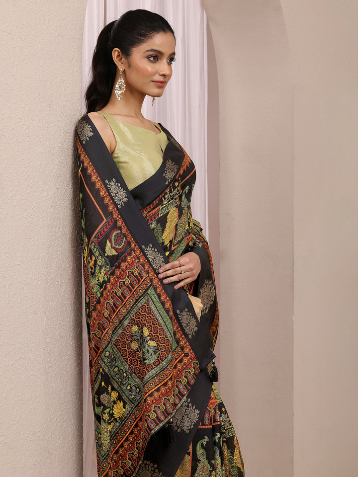 Black Printed Silk Blend Saree With Unstitched Blouse Piece