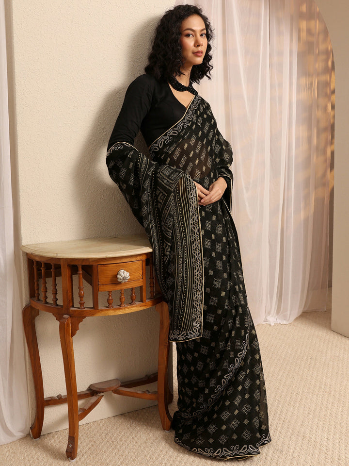 Black Printed Silk Blend Saree With Unstitched Blouse Piece