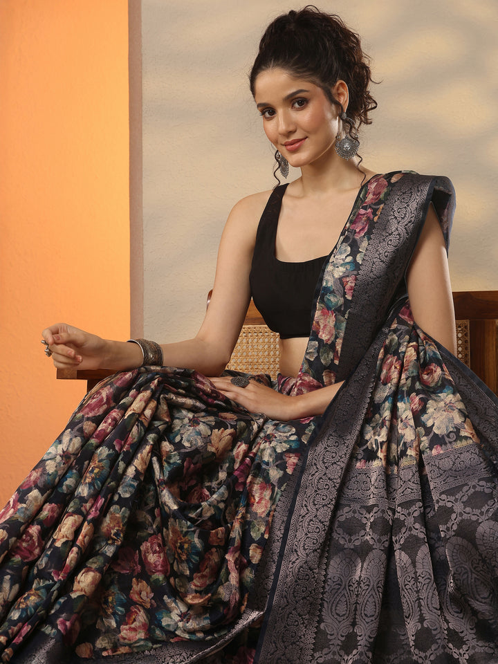 Black Printed Silk Blend Saree With Unstitched Blouse Piece