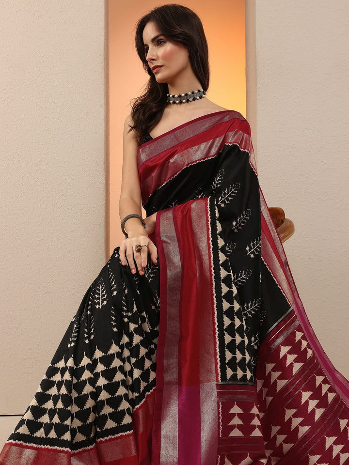 Black Printed Silk Blend Saree With Unstitched Blouse Piece