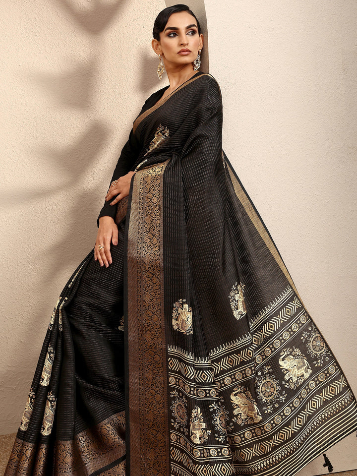 Black Printed Silk Blend Saree With Unstitched Blouse Piece