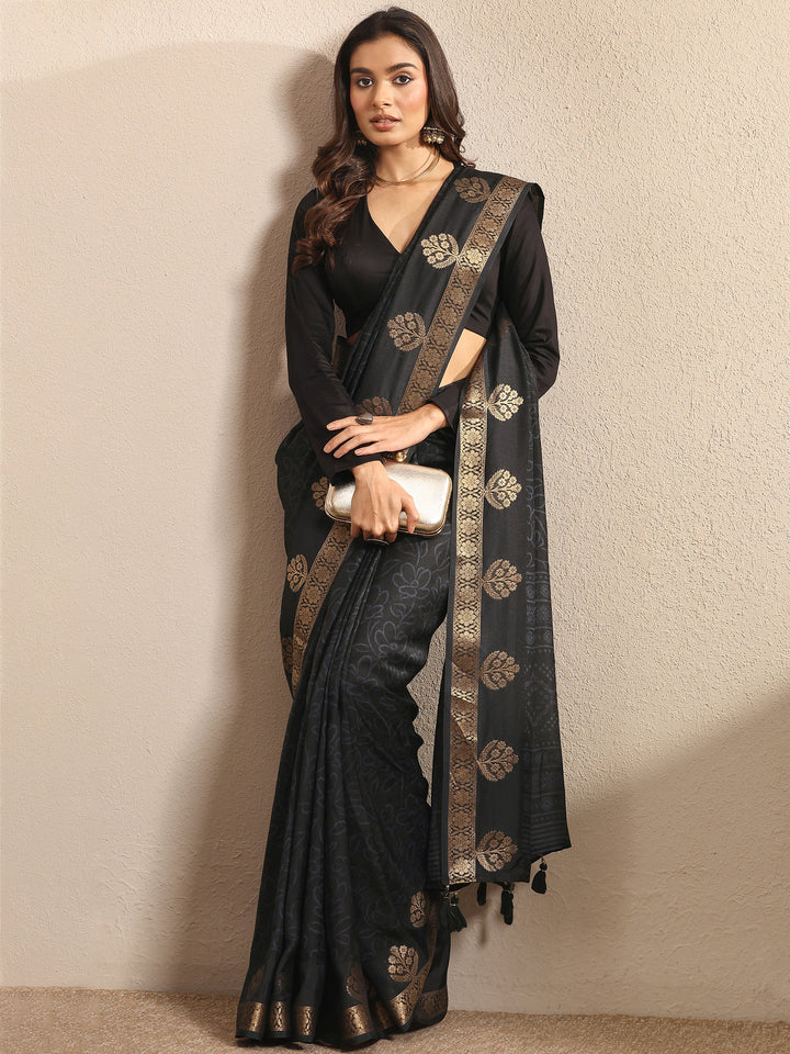 Black Printed Silk Blend Saree With Unstitched Blouse Piece