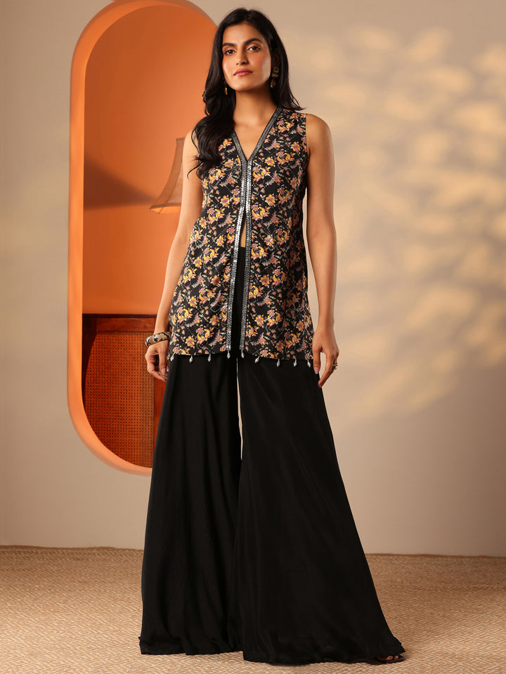 Black Printed Silk Blend Straight Kurta Set