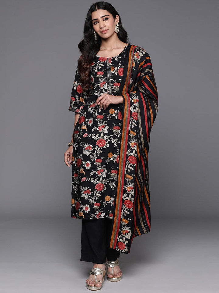 Black Printed Silk Blend Straight Kurta With Palazzos & Dupatta - ShopLibas