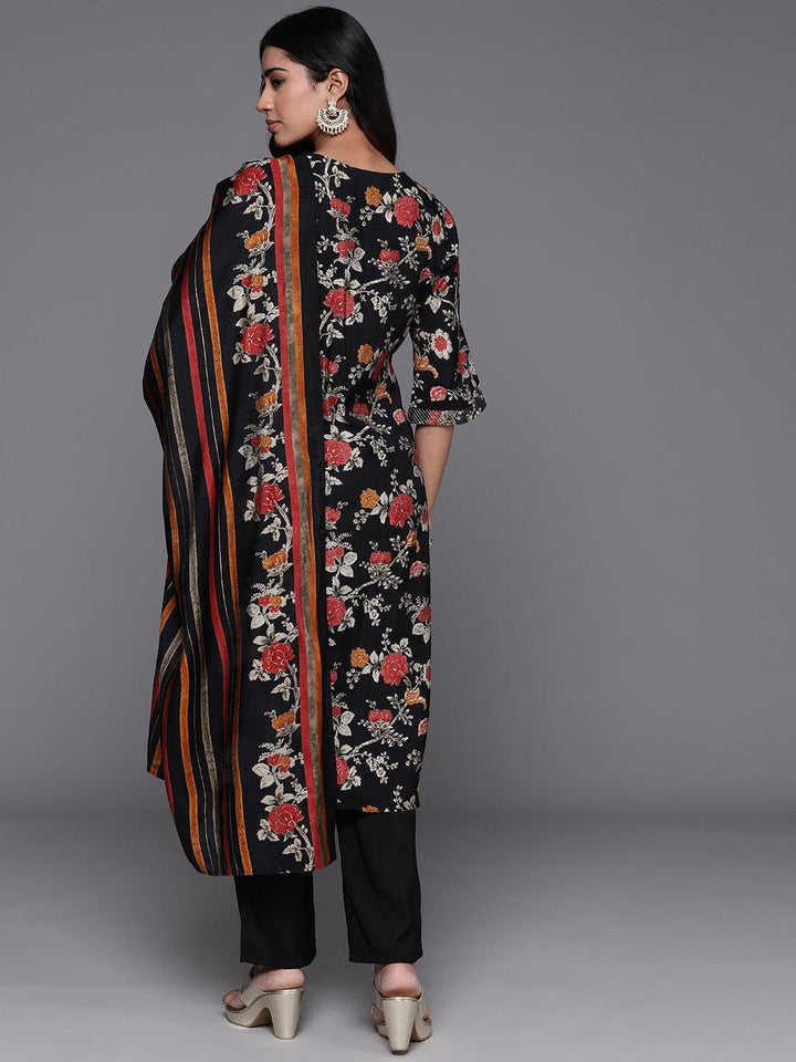 Black Printed Silk Blend Straight Kurta With Palazzos & Dupatta - ShopLibas
