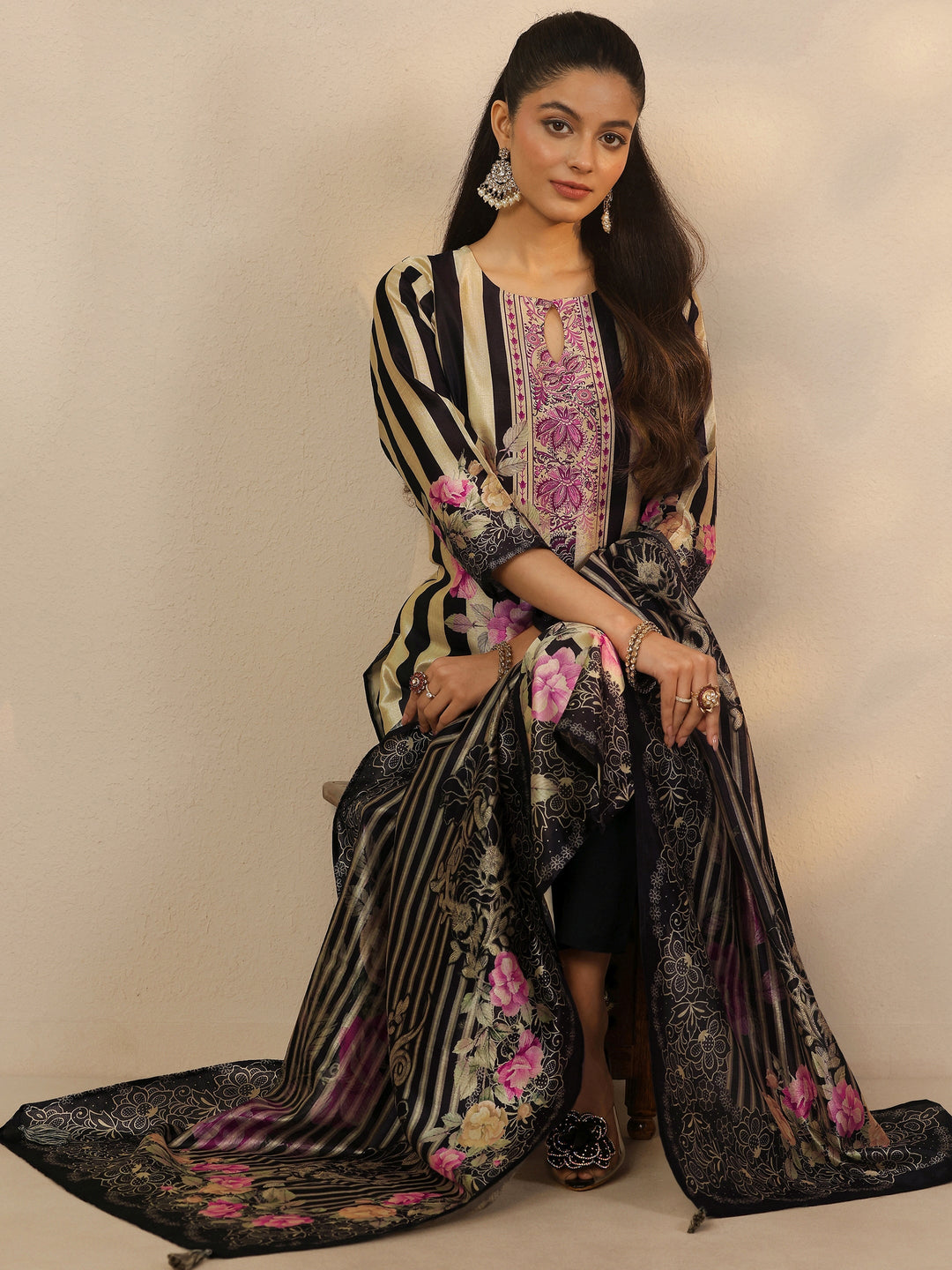 Black Printed Silk Blend Straight Suit Set With Dupatta