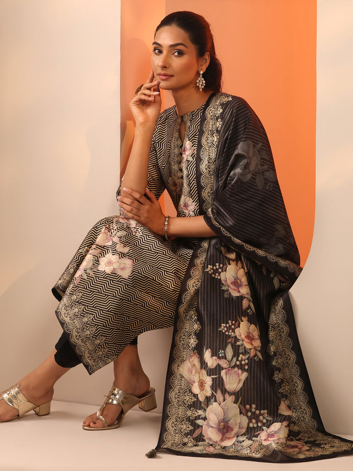 Black Printed Silk Blend Straight Suit Set With Dupatta