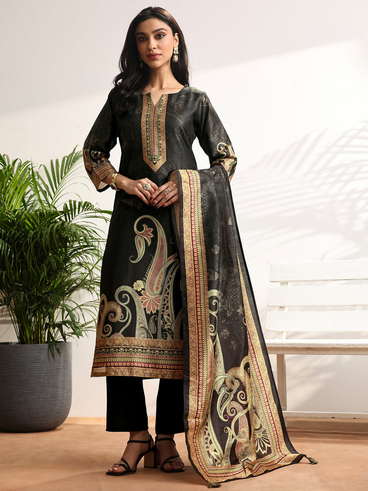Black Printed Silk blend Straight Suit Set With Dupatta