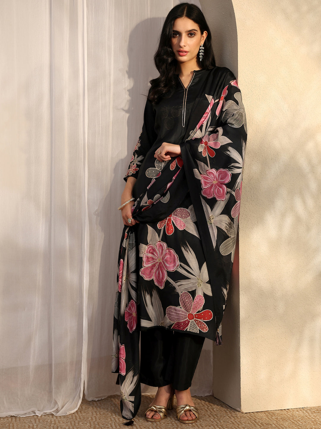Black Printed Silk blend Straight Suit Set With Dupatta