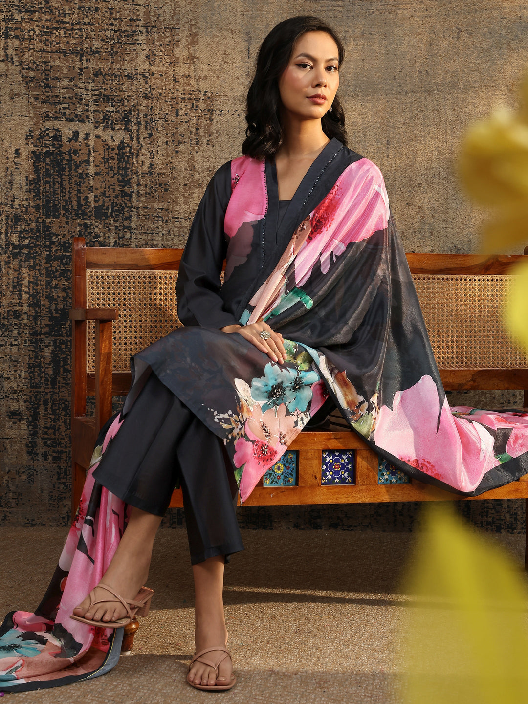Black Printed Silk Blend Straight Suit Set With Dupatta