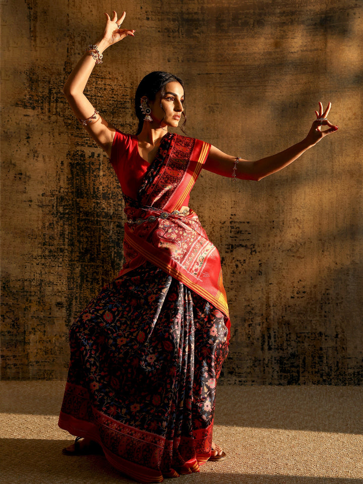 Black Printed Silk Saree With Unstitched Blouse Piece