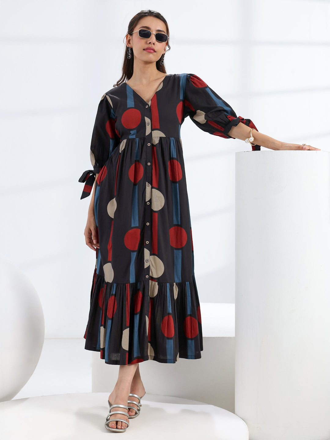 Black Quirky Printed Cotton A-Line One Piece Dress