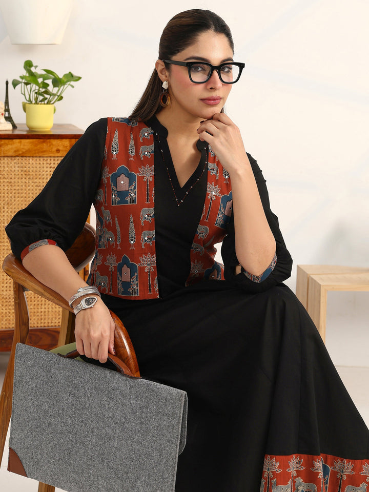 Black Solid Cotton A-Line Puff Sleeves One Piece Dress With Jacket