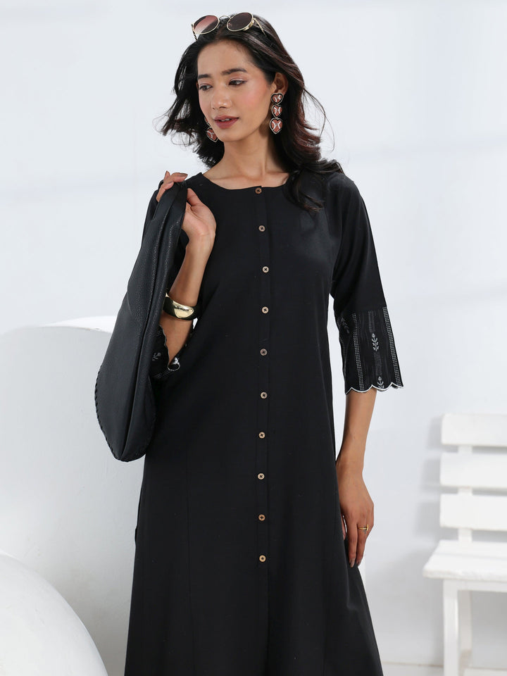 Black Solid Cotton Blend A-Line One Piece Dress