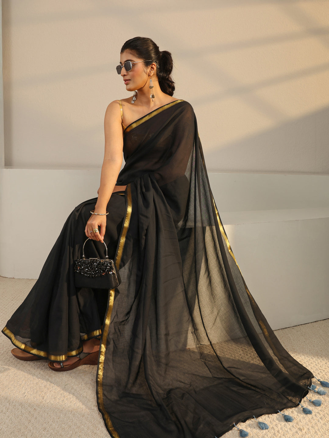 Black Solid Cotton Tassel Saree With Unstitched Blouse Piece