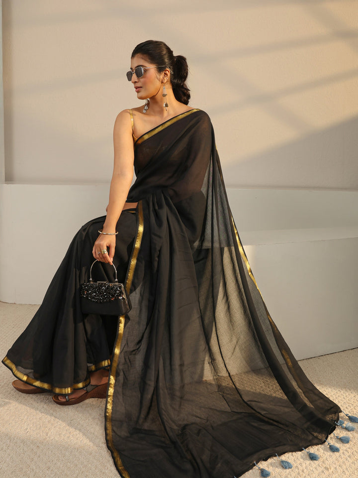 Black Solid Cotton Tassel Saree With Unstitched Blouse Piece