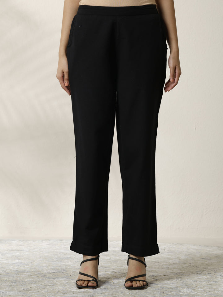 Black Solid Cotton Trouser