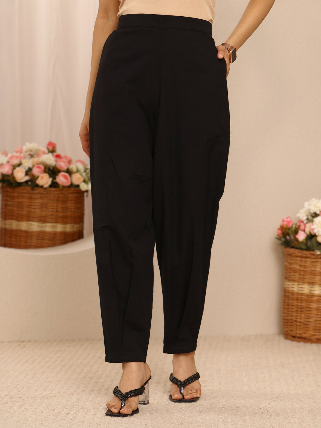 Black Solid Cotton Trousers