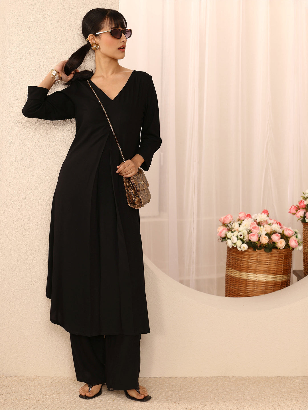Black Solid Rayon A-Line Kurta Set