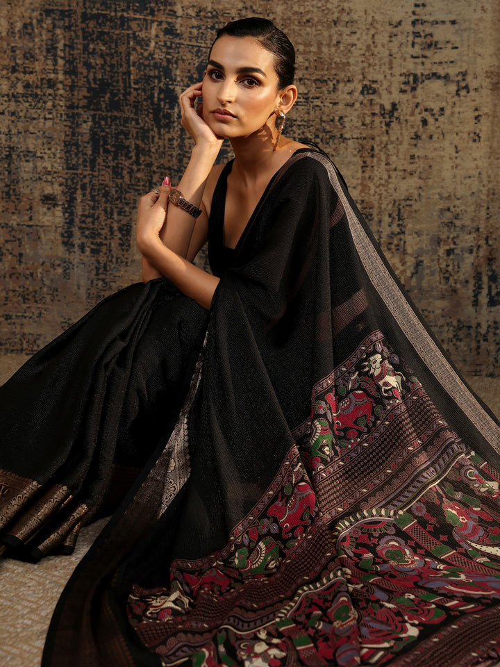 Black Solid Silk Blend Saree With Unstitched Blouse Piece