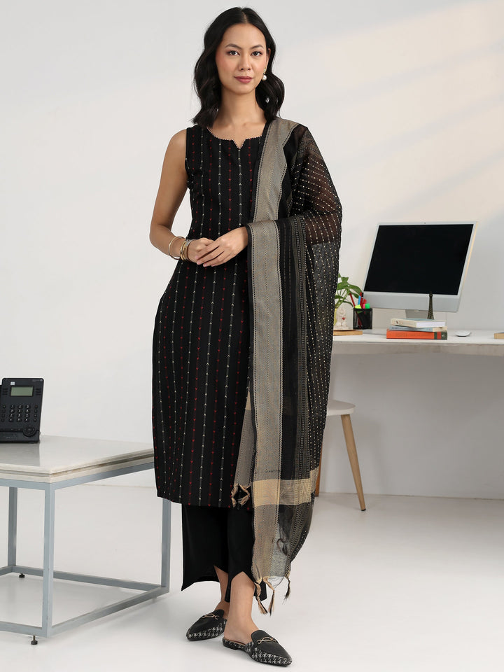 Black Striped Woven Design Cotton Blend Straight Suit Set With Dupatta